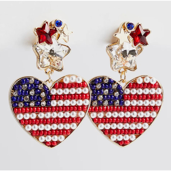 Torrid Earrings Heart Red White Blue Patriotic Fourth Of July Rhinestone America - Picture 2 of 7